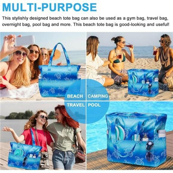 Waterproof Extra Large Beach Tote Bag with Wet Compartment Travel Gym Pool - Picture 5 of 7